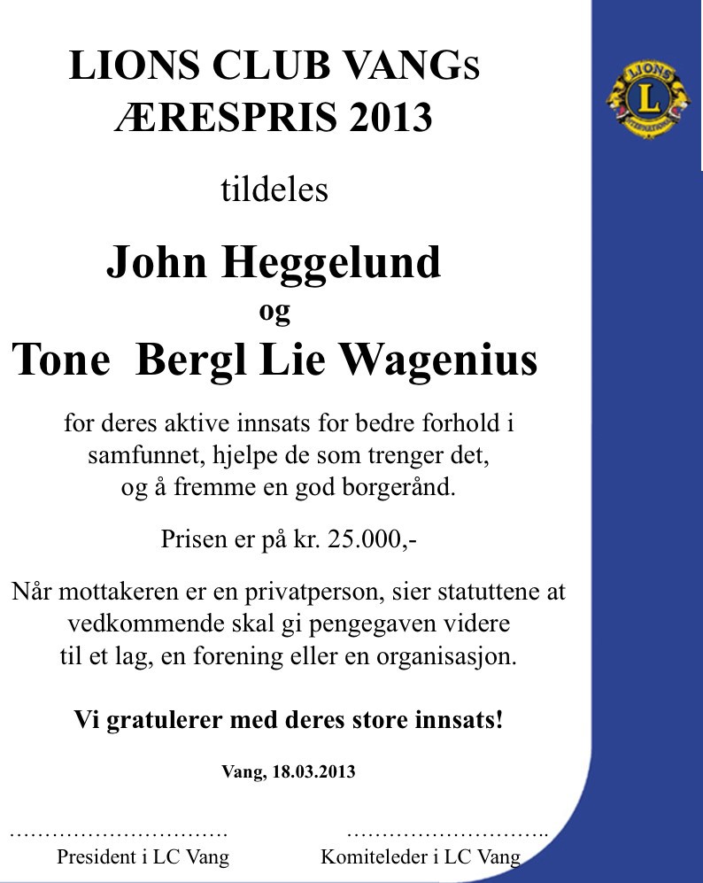 Ærespris 2013 Høyvang forsamlingslokale